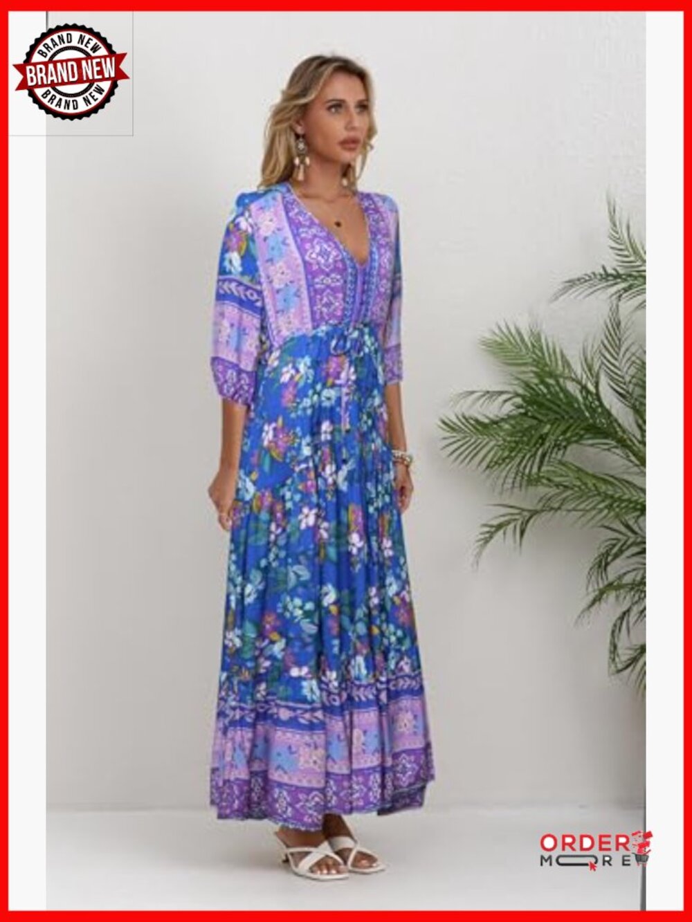 V Neck Floral Print Maxi Dress Bohemian Casual Short Sleeve - Picture 4 of 7